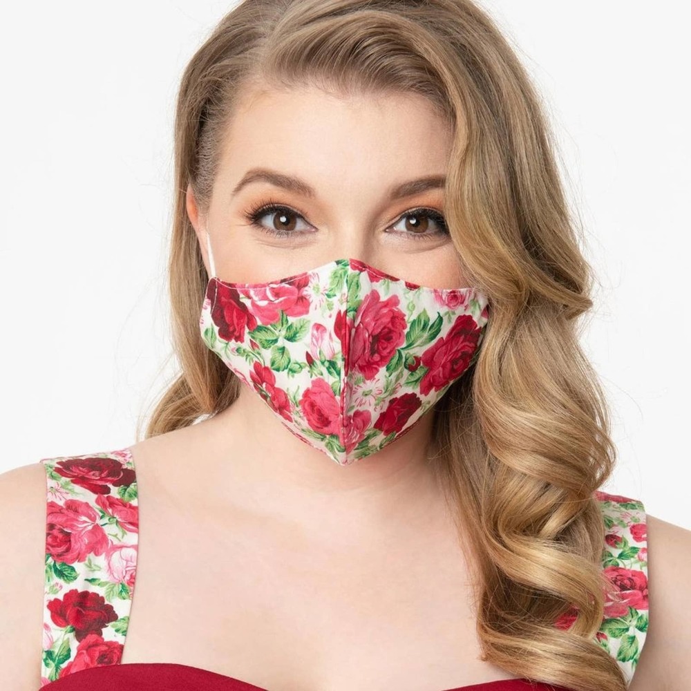 Unique Vintage White & Red Rose Print Face Mask - One Size